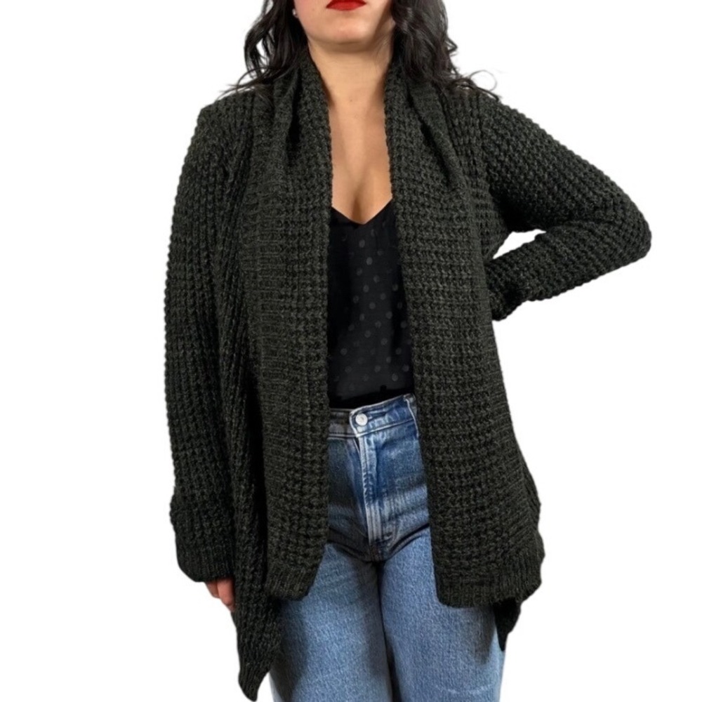 John + Jenn Cardigan Small Forest Green Waffle Knit Open Front Shawl Collar
